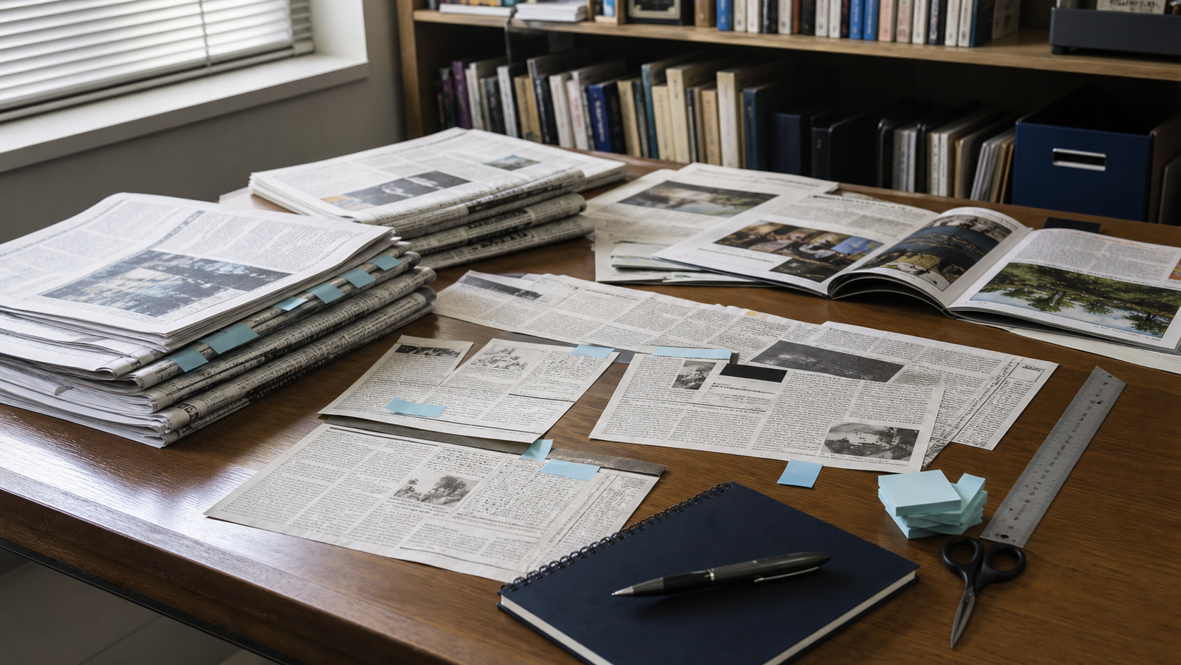新聞から専門誌まで幅広い紙媒体の記事を選定・整理するプレスクリッピングのイメージ