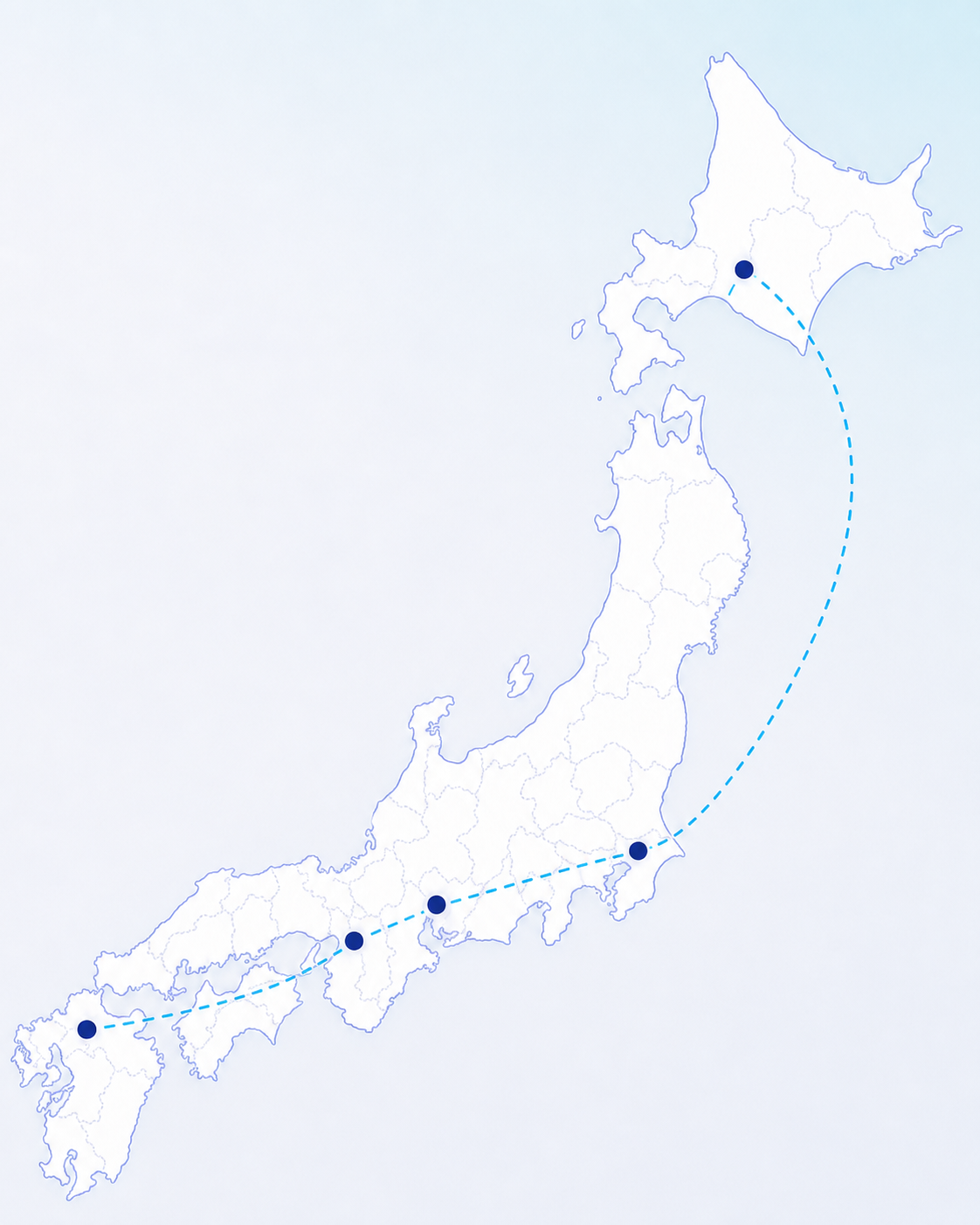 北海道から沖縄までの日本列島と、北海道・東京・名古屋・大阪・福岡を結ぶ全国対応ルート